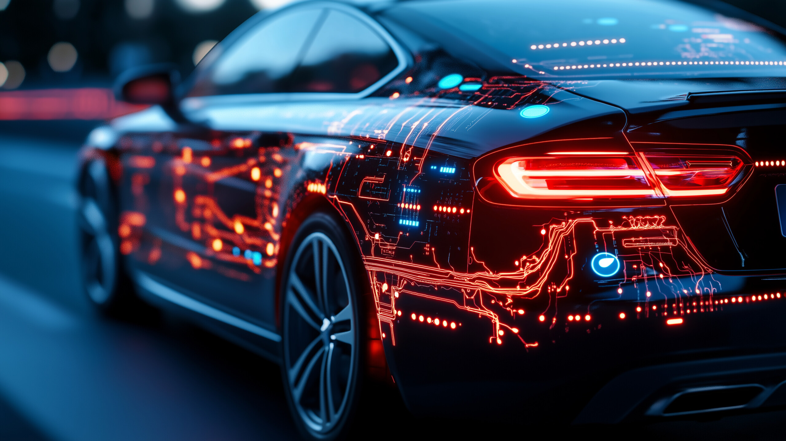 Close-up of a car’s wiring system with illuminated indicator lights and microcontrollers, illustrating the sophisticated design of modern vehicle electronics.
